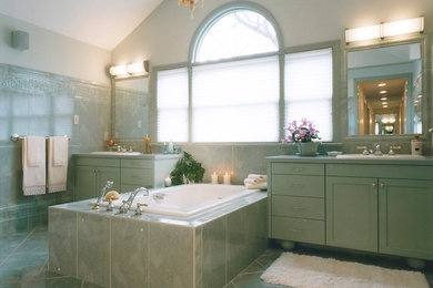 Example of a large classic master green tile and stone tile marble floor bathroom design in Other with shaker cabinets, green cabinets, green walls, a drop-in sink and quartz countertops