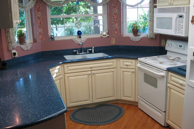 Small u-shaped eat-in kitchen photo in Phoenix with light wood cabinets, solid surface countertops, white appliances and no island