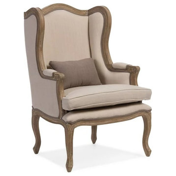 French Country Accent Chair, Cabriole Legs With Cushioned Seat, Wingback, Beige