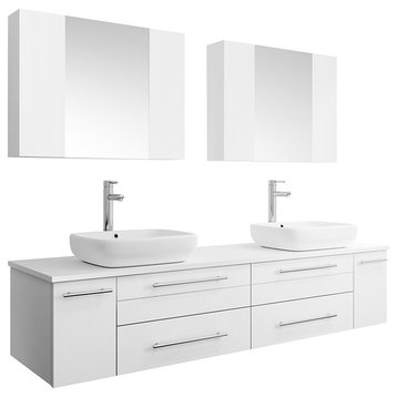 72" White Wall Hung Double Vessel Sink Modern Bathroom Vanity,Medicine Cabinets