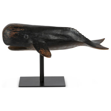 8" Antique Wood Look Resin Whale With Stand