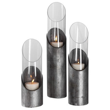 Bowery Hill Iron & Glass Candleholder in Raw Iron (Set of 3)