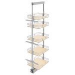 Rev-A-Shelf - Adjustable Solid Surface Pantry System for Tall Pantry Cabinets, 14.5Wx59.5H" - Enhance functionality and preserve a stylish image with the Rev-A-Shelf's Chrome/Maple Pullout Pantry. The 5200 MP Series is available in a plentiful selection of sizes and is designed on the 250 lb. rated slide system for a quiet glide out function. This Premiere accessory features micro-adjustment door mounting brackets, top and bottom slide covers for a finished look, and each Maple shelf liner is coated with a transparent anti-skid coating that not only prevents skidding, but also protects the wood surface. The chrome pullout pantries are kit packaged with frame, baskets and door mounting brackets in one carton.