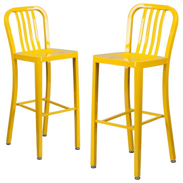 Set of 2 Industrial Bar Stool, Ergonomic Seat With Vertical Slatted Back, Yellow