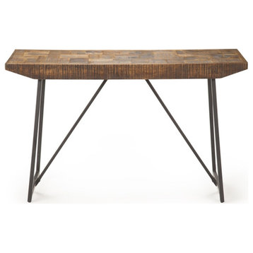 Bowery Hill Modern Wood Parquet Top with Dark Gray Iron Base Sofa Table in Brown