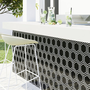 Black and White Hexagon Marble Tiles on Outdoor Bar