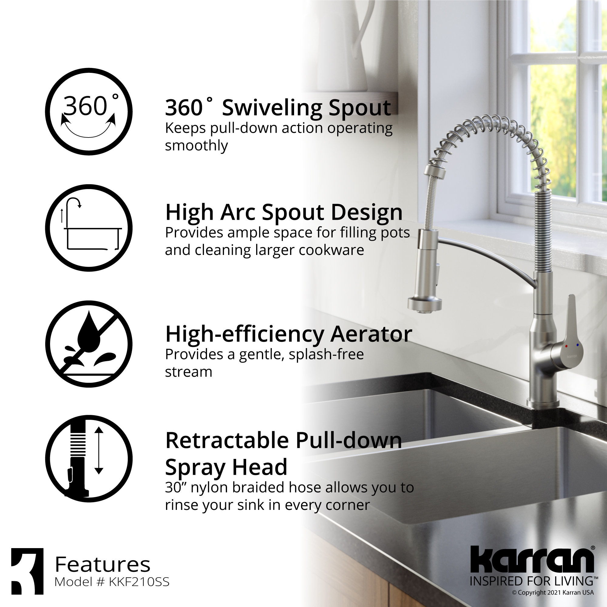 Karran 1-Handle Pull-Down Kitchen Faucet With Soap Dispenser, Stainless Steel