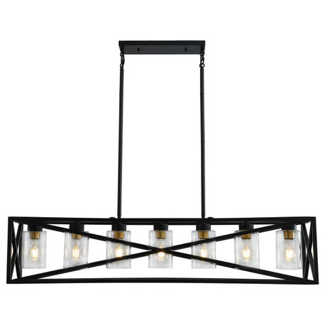 7-Light Kitchen Island Pendant Light Farmhouse Cage Chandelier, Black