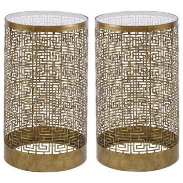 Home Square 14" Round Glass Top Accent End Table in Gold - Set of 2