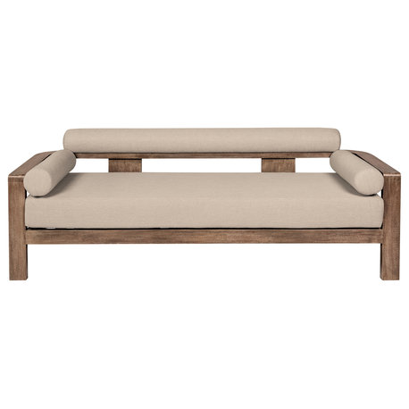 Relic Outdoor Patio Sofa, Weathered Eucalyptus Wood With Taupe Olefin Cushions