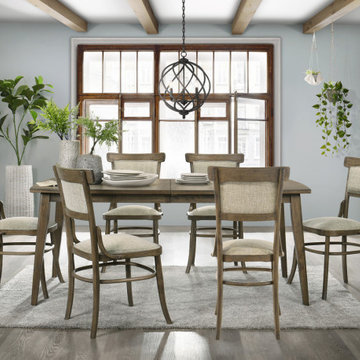 Bistro Vintage Walnut 72" Dining Table Set with Off White Fabric Dining Chairs
