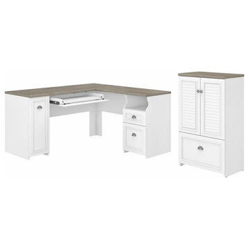 Pemberly Row L Desk and Storage File Cabinet in White and Gray - Engineered Wood