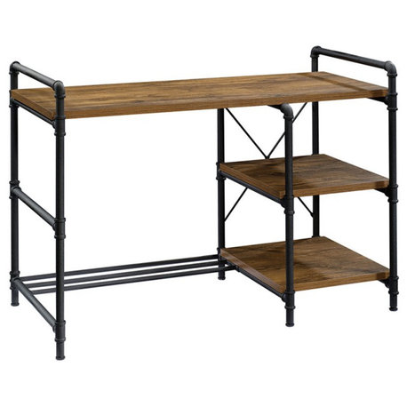 Sauder Iron City Engineered Wood/Metal Writing Desk in Checked Oak/Black