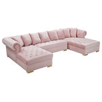 Meridian Furniture - Presley Velvet 3-Piece Sectional, Pink - Get ready to relax after a long day with this Presley Pink Velvet 3pc. Sectional from Meridian Furniture. Featuring rich blush pink velvet upholstery with deep tufting and comfy pillows, this double chaise sectional provides a luxurious, cozy space to kick back and watch TV, take a nap, or curl up with a nice book. Complete sets of gold and chrome legs complement your contemporary home decor while providing solid support for the sectional's frame.