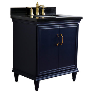 31" Single Vanity, Blue Finish With Black Galaxy And Rectangle Sink