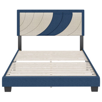 Contemporary Platform Bed, Unique Patterned Linen Headboard, Blue/Gray, King
