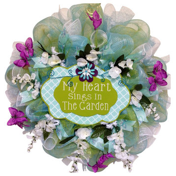 My Heart Sings In The Garden Spring or Summer Deco Mesh Wreath