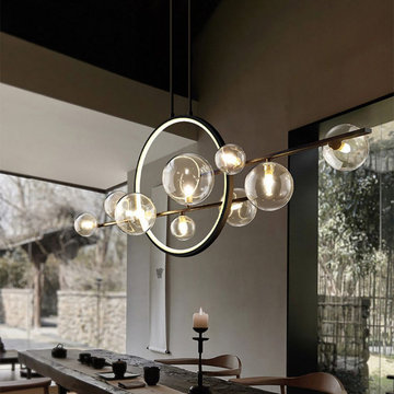 Minimalist 10-Light Glass Globe Shade Sputnik Kitchen Island Light in Black