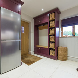 Inspiration for a medium sized classic separated utility room in Hertfordshire with white walls, white floors, shaker cabinets and wood worktops.