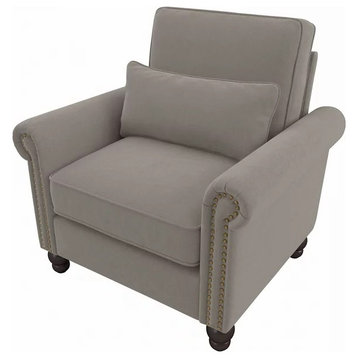 Accent Chair, Lumbar Pillow and Nailhead Rolled Arms, Beige Herringbone