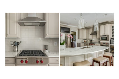 シャーロットにある広いトランジショナルスタイルのおしゃれなアイランドキッチン (レイズドパネル扉のキャビネット、グレーのキャビネット、シルバーの調理設備) の写真
