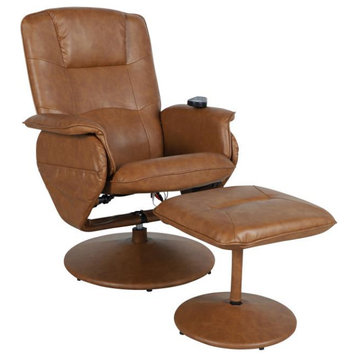 Cason Massaging Multi-Position Recliner with Deep Side Pockets and Ottoman, Brown Leathersoft