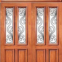 Prehung Mahogany Twin Lite Front Double Door Rectangular Transom - Front Doors