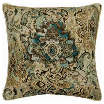 Handmade 24"x24" Damask Beige Velvet Cushion Cover, Damask Decor