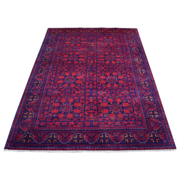 Saturated Red Hand Knotted Afghan Khamyab Geometric Design Wool Rug, 4'2" x 6'5"