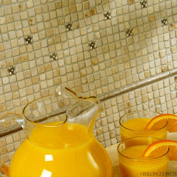 Blooming Leaf Gem and Basic Liner backsplash with Limestone Mosaic