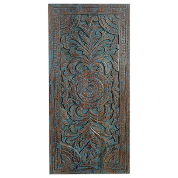 Consigned Organic Carved Door, Barn Door, Moody Blue Lotus Pond Sliding Door