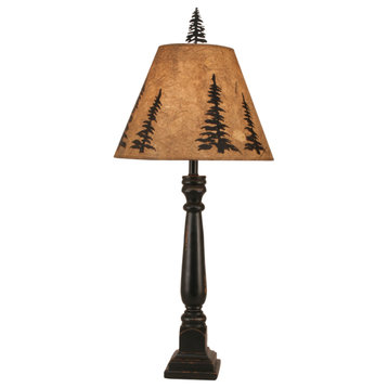 Square Distressed Black Buffet Lamp With Feather Tree Shade