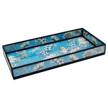 nu steel Blue Floral Print Decorative Glass Tray