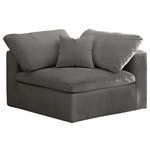 Meridian Furniture - Cozy Velvet Upholstered Overstuffed Corner Chair, Gray - Bring home this Cozy corner chair for a fresh new look. Embrace casual elegance with this Cozy velvet cloud-like comfort modular fiber-filled seating option. Handsome from all angles, this piece features soft Gray velvet upholstery to make it an easy fit in any room. This modular piece can be combined with other items in the Cozy collection to create a seating group of your dreams. The cushions on this piece are exceptionally comfortableand filled with fiber for luxury that you deserve as you rest and relax.