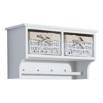 Contemporary Wall Mounted Coat Rack, Wood With Wicker Baskets, White