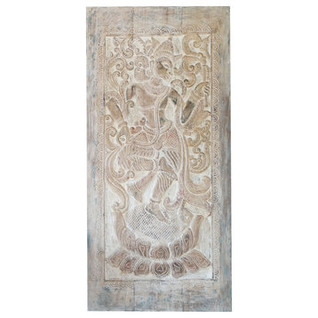 Consigned Vintage Whitewashed Krishna Wall Art, Carved Sliding Interior door