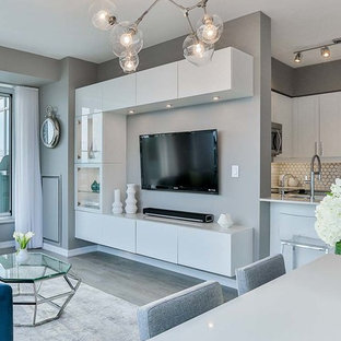 Idee per un piccolo soggiorno minimalista aperto con pareti grigie, pavimento in laminato e TV a parete