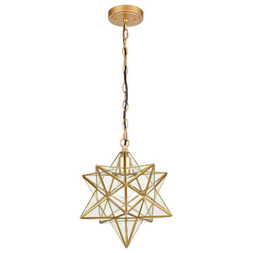 Brass Golden Moravian Star Pendant Light Star Glass Lights, 14", Clear Glass