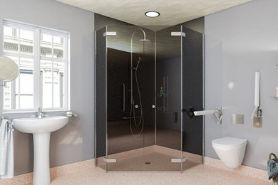 Wetroom clad with WetFlor™ (Coral) and Plus Wall Panel Range (Grigio Sasso and N