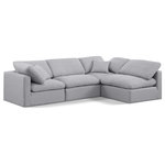 Meridian Furniture - Indulge Upholstered Modular L-Shaped Sectional, Grey, 4-Piece: 2 Armless Chair, 2 Corner Chair, Down Stuffed Linen Textured Fabric - Experience ultimate comfort and style with our grey linen textured fabric Indulge Sectional. The luxurious linen texture of the fabric will elevate the aesthetic of any room. This sofa provides ample space for you to relax while its modular build offers the option of unlimited configurations. Whether you're looking to add a stylish element to your living room or a comfortable seating option to your bedroom, this sofa is the perfect choice.