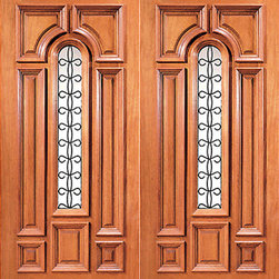 Prehung Mahogany Center Arch Lite Entry Double Door with Ironwork - Front Doors