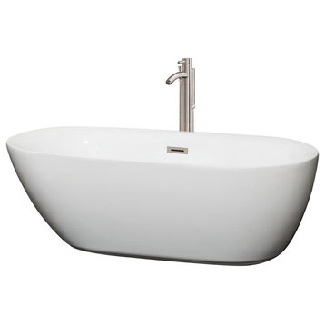 65" Freestanding Tub, White, Floor Mounted Faucet, Overflow, Brushed Nickel