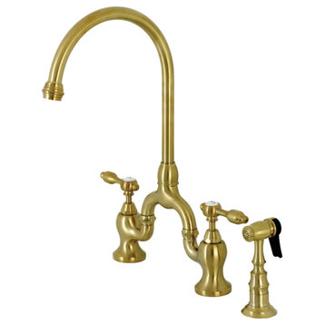 KS7797TALBS Tudor Bridge Kitchen Faucet With Brass Sprayer, Brushed Brass