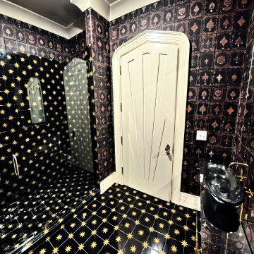 Custom Artistic Hallway Bathroom with Iridescent Tile and Bold Design