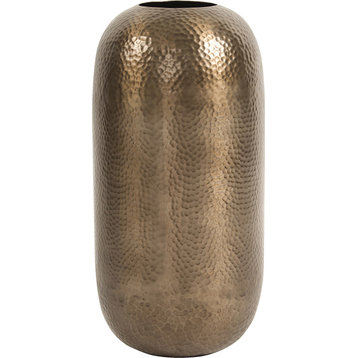 Oversized Metal Cylinder Vase With Hammered Deep Finish, Bronze, Small