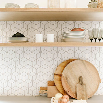 White Mosaic Tile backsplash with Open Shelving