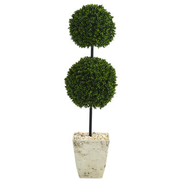 4' Boxwood Double Ball Faux Topiary Tree, Country White Planter Indoor/Outdoor