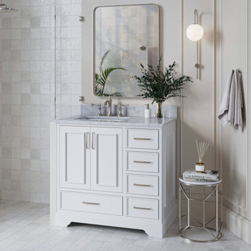Ariel Stafford 37" Single Left Offset Rectangle Sink Bathroom Vanity, White, 0.75 Carrara Marble