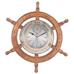 12 in. Deluxe Class Wood & Antique Brass Ship Steering Wheel Clock