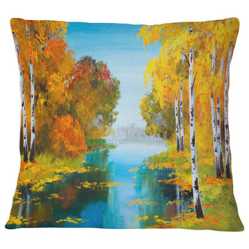 Birch Forest near the River Landscape Printed Throw Pillow, 16"x16"